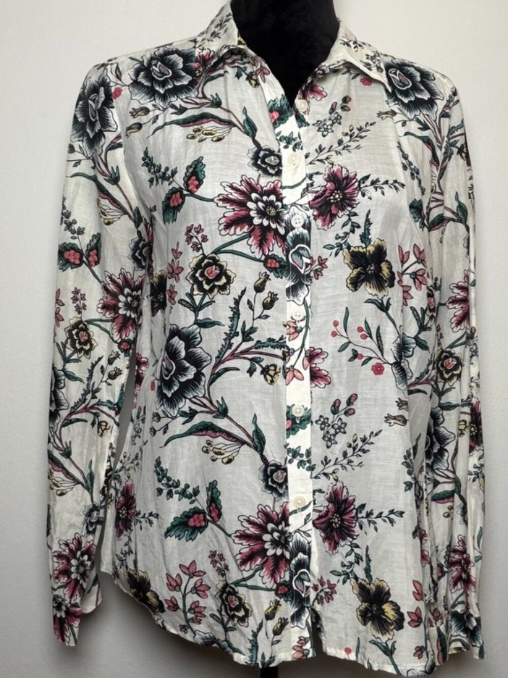 LOFT M White Floral Cotton Silk Button Down Blouse Shirt Botanical